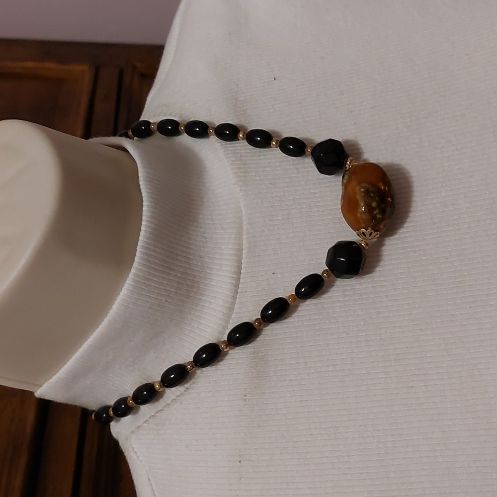 Brown Iridiscent Chunky Faux Stone Pendant w/ Black and Gold Tone Bead Necklace - Picture 3 of 6